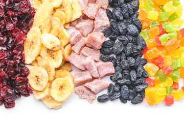 Different dried fruits on white background
