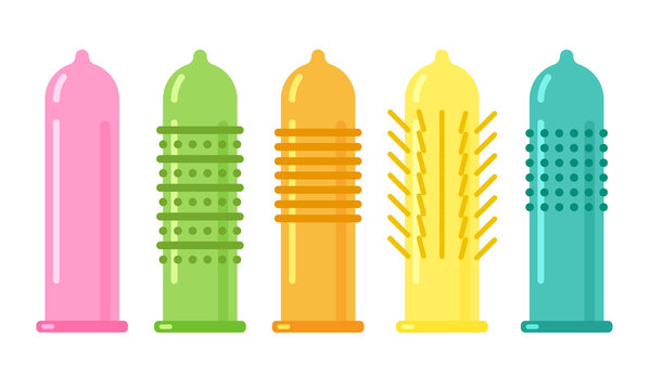 Vector condom icon. Contraception concept. Different forms and types of condoms isolated on white background.