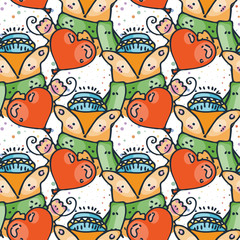 Cute seamless doodle pattern fox with heart balloon. Hand drawn vector illustration