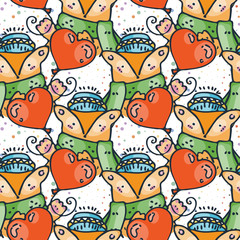 Cute seamless doodle pattern fox with heart balloon. Hand drawn vector illustration