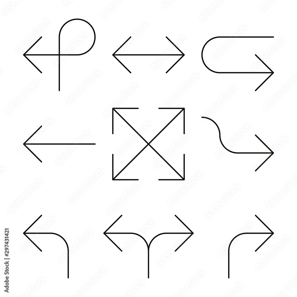 Poster set of arrows. simple thin black line arrow design. flat vector icons