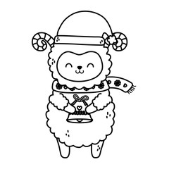 cute sheep with scarf and bell merry christmas thick line