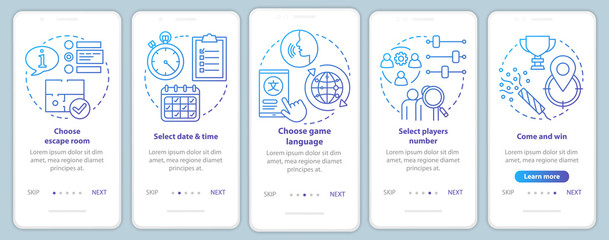 Escape room booking tutorial onboarding mobile app page screen with linear concepts. Choose quest date. Blue walkthrough steps graphic instructions. UX, UI, GUI vector template with illustrations