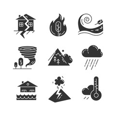 Natural disaster glyph icons set. Global catastrophes. Earthquake, wildfire, tsunami, tornado, avalanche, flood, downpour, volcanic eruption. Silhouette symbols. Vector isolated illustration