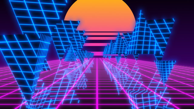 Triangle Synthwave/ Vaporwave/ Retrowave Glitch futuristic 80's VJ DJ background - 3D illustration render