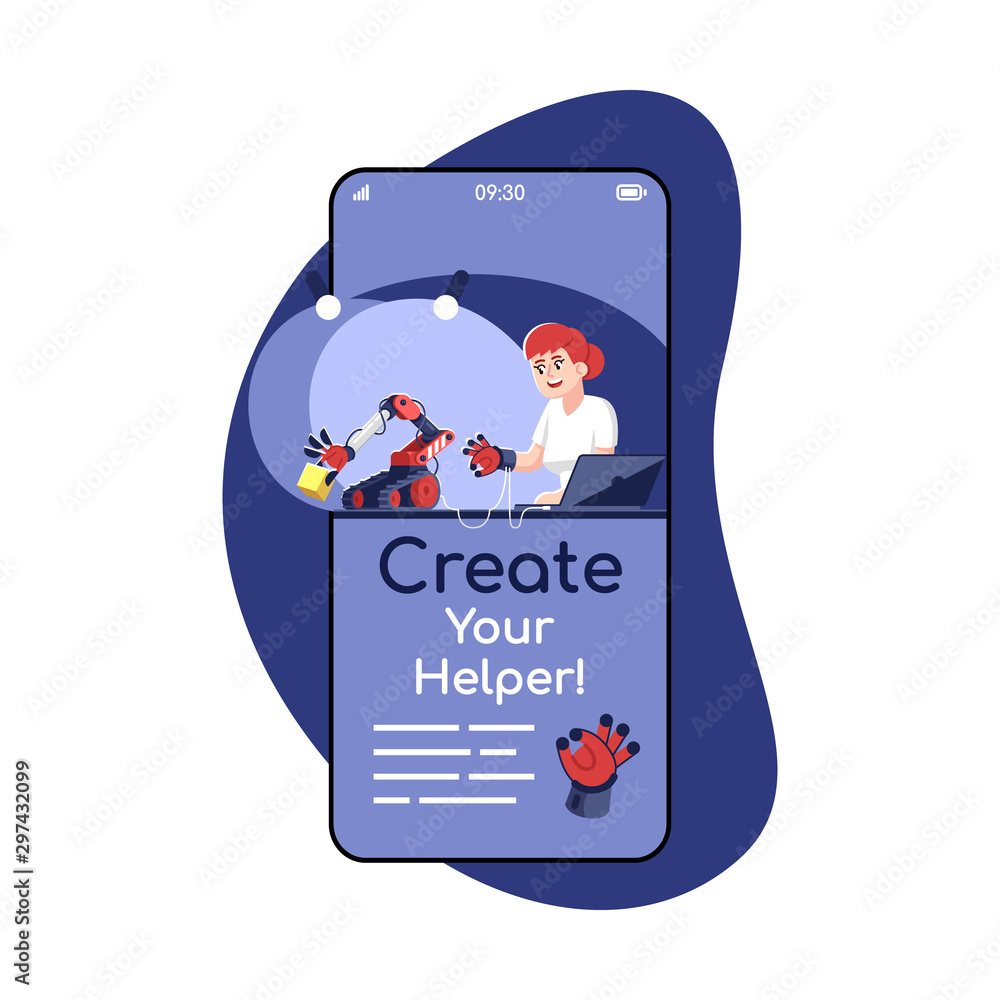 Poster create your helper social media posts smartphone app screen. mobile phone displays with cartoon char