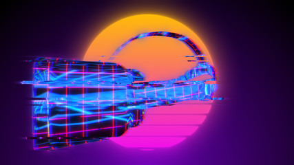 Virtual reality goggles in the Synthwave / vaporwave / retrowave cyber laser grid landscape style influenced by 1980s film soundtracks and video games - 3D illustration render