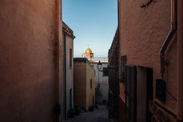 CASTELSARDO, SARDINIA / OCTOBER 2019:  view of the bell tower of the cathedral