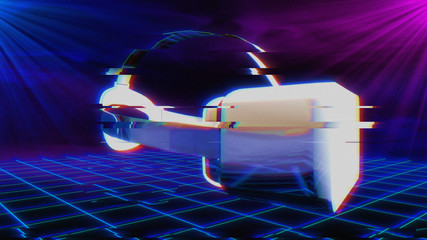 Virtual reality goggles in the Synthwave / vaporwave / retrowave cyber laser grid landscape style influenced by 1980s film soundtracks and video games - 3D illustration render