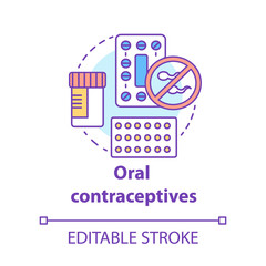 Oral contraceptives concept icon. Safe sex. Hormonal drugs. Pharmaceutical pills for healthy intercourse. Medication idea thin line illustration. Vector isolated outline drawing. Editable stroke