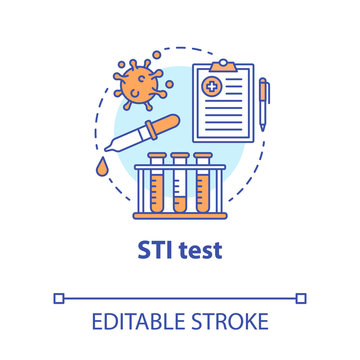 STI test concept icon. Safe sex. HIV, hepatitis prevention. Pharmaceutical research. Male, female healthcare idea thin line illustration. Vector isolated outline drawing. Editable stroke