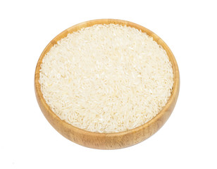 Fototapeta na wymiar Thai jasmine rice uncooked in wooden bowl on white background with clipping path.