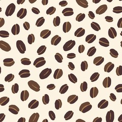 All over seamless repeat pattern with  hand drawn sketched brown coffee beans on a cream background