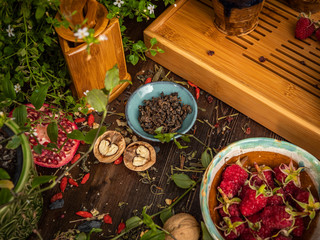 Preparation of the tea ceremony, tea in the bowl. Handmade cups