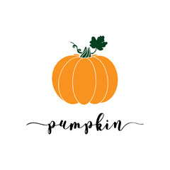 Hand sketched " Pumpkin " word with orange pumpkin, isolated on white background. Lettering for postcard, invitation, poster, icon, banner template typography.