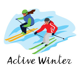 Skiers go downhill from the mountain. Lettering Active Winter. Vector hand drawing