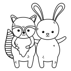 cute rabbit and raccoon waving hand thick line