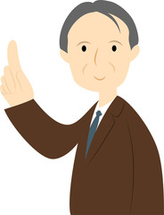 振り向いて指をさす中年男性