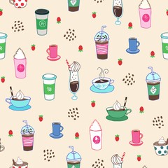 Seamless repeat pattern with different hand drawn coffee cups and mugs, coffee beans on a cream background