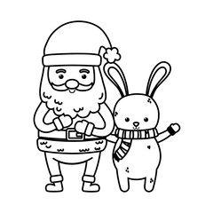 cute santa with gift and rabbit merry christmas thick line