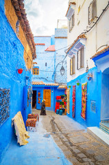 Beautiful street of blue medina in city Chefchaouen,  Morocco, Africa.