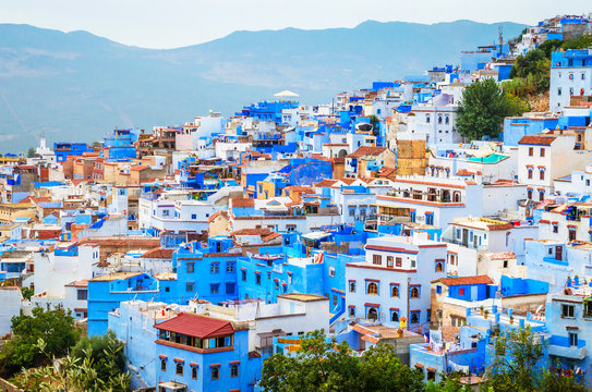 Aerial view of blue medina of city Chefchaouen,  Morocco, Africa.