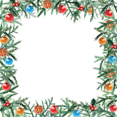 Fir tree branches border with christmas balls. Christmas and New year card, empty blank. Watercolor.