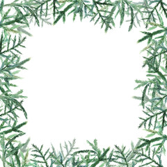 Fir tree branches border. Christmas and New year card, empty blank. Watercolor.