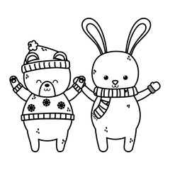 cute polar bear and rabbit animal merry christmas thick line