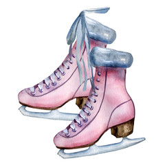 Watercolor hand painted pink vintage ice skates with fur trim.  Isolated element on white background.