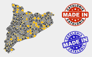 Mosaic industrial Catalonia map and blue Made In grunge seal. Vector geographic abstraction model for industrial, or political illustrations. Mosaic of Catalonia map combined of scattered wheel,