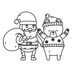 cute santa with bag and polar bear merry christmas thick line