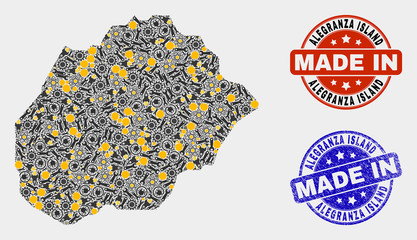 Mosaic technical Alegranza Island map and blue Made In grunge stamp. Vector geographic abstraction model for technical, or political templates.