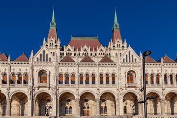 Fototapeta na wymiar Facade of the Hungarian Parliament Building in Buda Pest