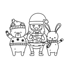 cute santa with gift and rabbit bear merry christmas thick line