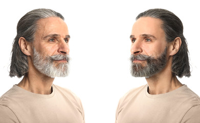 Comparison portrait of mature man on white background. Process of aging