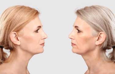 Comparison portrait of middle-aged woman on light background. Process of aging