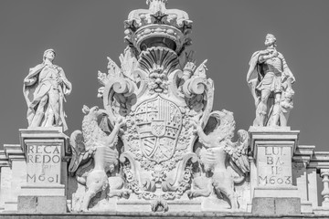 Madrid Royal Palace (Palacio Real) Top East facade. Recaredo and Ervigio visigoth kins. Coat of...