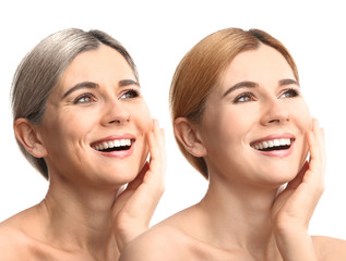 Portrait of beautiful woman on white background