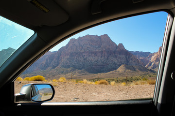 Fototapeta na wymiar Red Rock Canyon through car window