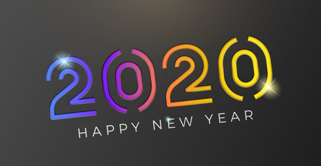 Vector Happy new year 2020 background with geometric colorful gradient text cut on a dark background. For seasonal holiday web banners, flyers and festive posters