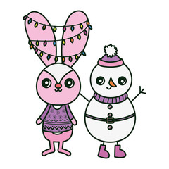 cute rabbit with lights and snowman merry christmas