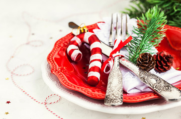 Christmas table place setting, Holiday background
