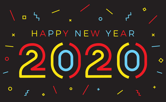 Vector Happy new year 2020 background with retro geometric colorful text and explosion of geometric shapes. For seasonal holiday web banners, flyers and festive posters