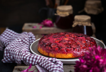 Fresh homemade upside-down plum cake