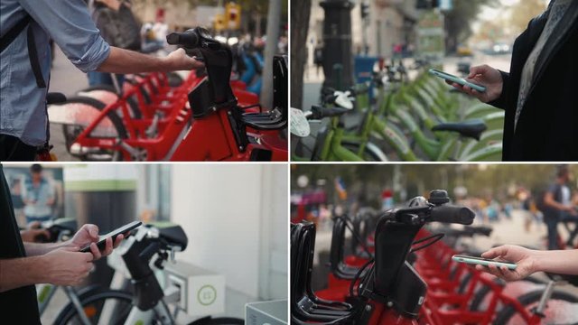 Collage multicam of man and Woman take Electric Kick scooter or bike bicycle in sharing parking lot, tourist phone application. New sharing business project started in city, eco transportation