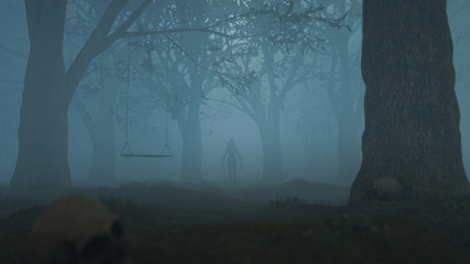 Gloomy Forest 3D illustration - Halloween Forest Background - Dark Forest Fog