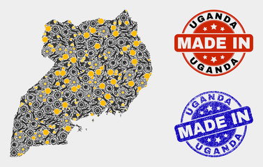 Mosaic industrial Uganda map and blue Made In grunge stamp. Vector geographic abstraction model for service, or patriotic posters. Mosaic of Uganda map combined of scattered cogwheel, spanners,