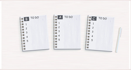 Three notepads with to-do lists. Layout of priority cases. Personal goals for new year. Vector illustration. 3d Life Tasks. Action planning.