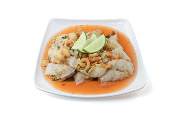 Banh cuon isolated on white background with clipping path, Vietnamese steamed rice noodle roll, Vietnamese popular breakfast food, Pork Steamed Rice Parcels or Kow Griep Pag Mor.